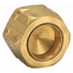 Brass compression fitting plug with self-aligning design for sealing unused ports in fluid systems. Features NPTF threads and 3/8 in OD fitting size. Supplied in a 25-pack. Suitable for hydraulic and pneumatic circuits requiring leak-free connections.