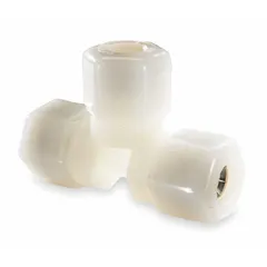 This nylon compression tee fitting creates a branch connection in tubing systems, joining three tubes of specified outer diameters. It is suitable for pneumatic or low-pressure fluid distribution in industrial applications. The nylon construction offers corrosion resistance.