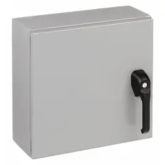 This steel washdown enclosure measures 16 x 16 x 8 inches with a solid hinged cover and painted finish. Rated NEMA 12/13/3R/4, it provides protection against dust, falling dirt, rain, sleet, and hose-directed water. The enclosure features a padlock hasp for secure closure and does not include knockouts. Suitable for indoor or outdoor use in industrial environments.