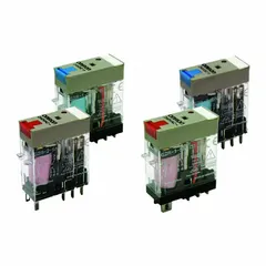This OMRON G2RS series relay is a socket-mounted, plug-in device with a square base and SPDT contact configuration. It operates on 24V DC and features 5 pins/terminals with a plug-in electrical connection using an H socket. Typical applications include switching loads in industrial control panels, automation systems, and HVAC equipment.