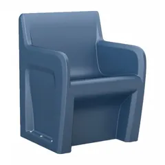 Freestanding single-seat arm chair with midnight blue polyethylene seat material. Includes arms and complies with CAL 133 flammability and ISO 22196 antimicrobial standards. Suitable for commercial and institutional seating applications.