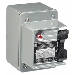 Single-pole, 16 A enclosed manual motor starter with thermal protection and toggle switch operation. Designed for non-reversing control of single-phase motors in applications such as conveyors, pumps, and fans. Requires one thermal unit (not included) for overload protection.