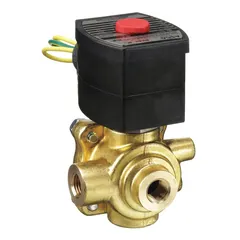 4-way/2-position solenoid valve with 1/4 in pipe size and 120V AC voltage. Features watertight coil enclosure and NAMUR mount for direct installation on valve actuators. Explosion-proof/watertight construction suitable for hazardous or wet environments. Used to control double-acting pneumatic actuators in industrial automation.