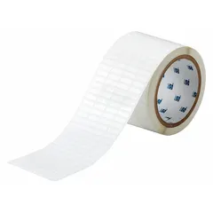 White gloss polyester precut label roll with individual label size 13/64 in x 21/32 in, supplied on a roll for consistent labeling. Compatible with i7100 printer series. Used for industrial identification and marking applications.