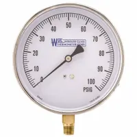 This low operating pressure differential gauge from the EA14 series features a 4 1/2 in dial and a 1/4 in NPT Male connection. It uses a Bourdon Tube sensor with ±1% gauge accuracy. Typical applications include monitoring pressure drops across filters, pumps, or valves in industrial systems such as filtration, HVAC, and process lines. Certificate of calibration is not included
