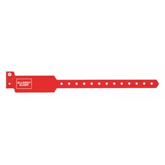 Red plastic security wristband for identifying individuals with allergies. Each measures 10-1/4 inches long by 1-3/8 inches wide. Supplied in a 500-pack for high-volume use in medical, event, or school settings.