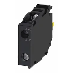 This contact block from Siemens is part of the 3SU1 series and features a momentary switch action with one normally closed (1NC) contact. It uses screw terminals for wiring and is designed for 22 mm panel mounting. Typical applications include industrial control panels, machine control, and automation systems where momentary switching is required.