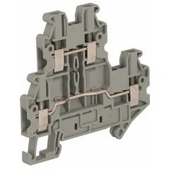 DIN rail mount pass-through block with screw clamp wire termination. Provides 4 wire terminals for connecting and distributing electrical wires in control panels and machinery wiring. Accepts minimum wire size 26 AWG.