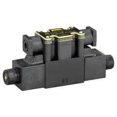 Solenoid-operated directional control valve, D03 NFPA size, three-position configuration. Operates on 115V AC. Used to direct hydraulic fluid flow in industrial machinery such as presses, injection molding machines, and material handling equipment.