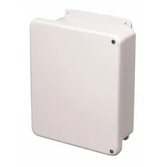 Fiberglass submersible enclosure with a solid hinged cover and screw closure. Measures 6 x 6 x 4 inches. Rated NEMA 1, 12, 3R, 4X, and 6P for indoor, outdoor, washdown, and submersible applications. Knockouts are not included.