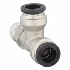 Nickel-plated brass tee fitting for branching or combining fluid lines in pneumatic systems and industrial machinery. Features push-to-connect installation. Overall length 2 1/4 in. Manufacturer part number W171PLP-6-4.