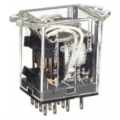 OMRON MY Series 4PDT relay with 3 A current rating at 24V AC. Top flange mounting style with square base and plug-in terminal connection. Operating current of 1.5 A at 24V DC for inductive loads. Suitable for industrial switching and control applications in automation panels and machine controls.