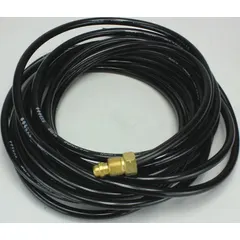 This TIG power cable is a 12 1/2 ft, one-piece assembly with a rubber jacket. It connects the welding torch to the power source in TIG welding systems. Suitable for industrial fabrication and repair applications.