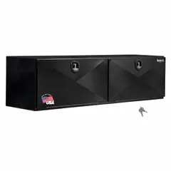 This steel topside box features double drop-down doors with a T-handle compression lid and a keyed lock for security. Finished in black, it is designed for organized storage of tools and equipment in truck beds, providing easy access while keeping contents secure during transport.