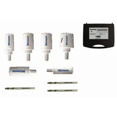 This 9-piece hole saw kit features bi-metal construction with 4/6 variable teeth per inch for cutting through wood, metal, and plastic. Each saw provides a maximum cutting depth of 1-1/2 inches, suitable for creating clean holes in various materials during electrical, plumbing, and HVAC installations.