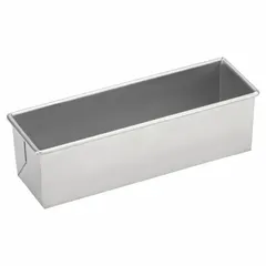 This single-slot Pullman bread pan is constructed from aluminized steel with a silver finish. It measures 4 5/8 inches wide and 4 inches deep, designed for baking uniform square-shaped loaves. Suitable for commercial bakeries and foodservice operations requiring consistent results.
