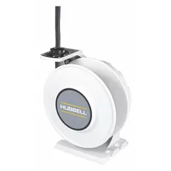 Hardwired self-retracting cord reel with ratchet lock mechanism. Cord length 45 ft, 10 AWG SJO wire, white jacket, terminating in bare wire for direct connection to equipment or junction boxes. Suitable for industrial environments requiring a retractable power solution.