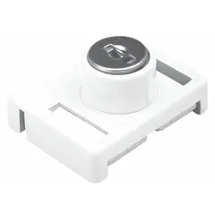 This PRIME-LINE sliding window lock is a non-handed flip lock designed for sash mounting on sliding windows. It features a painted white finish and an overall length of 15/32 inches. The lock secures the window in a closed position and is suitable for residential or light commercial applications. Handle is not included.