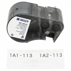 Continuous label roll cartridge made of white matte vinyl, measuring 1 1/4 in x 25 ft. Designed for wire marking on 10 AWG to 6 AWG conductors. Compatible with M511 printer series and requires R4300 ribbon. Used for wrapping around wires to provide identification in electrical applications.