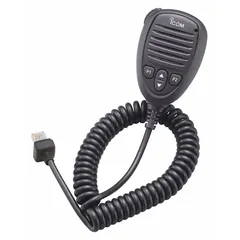 Push-to-talk speaker microphone compatible with ICOM A120 series radios. Features an 18-inch cord, modular connector, and IP54 rating for dust and water resistance. Black finish.
