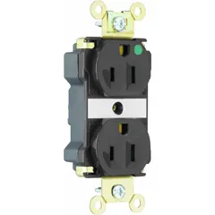 Duplex general purpose receptacle rated 125V AC, 20 A, 5-20R, 2 Pole / 3 Wire. Black finish. Suitable for use in commercial and institutional environments requiring a standard 20 A outlet.