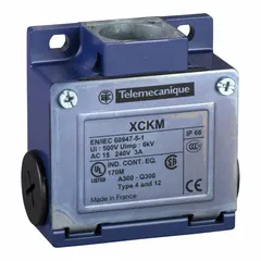 Metallic body and receptacle assembly for limit switches. Features 1NO/1NC contact configuration, screw clamp terminals, and 2 mounting holes. Complies with EN50047 standard. Used in industrial switching applications for position sensing and machine control.