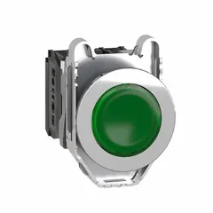 Momentary illuminated push button from the XB4 series with a flush metallic profile. Features a 30 mm mounting diameter and 1 normally open plus 1 normally closed contact configuration. Suitable for use as a control switch in industrial panels and automation systems.
