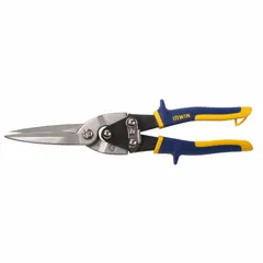 This straight-cut metal snip from IRWIN features steel blades and a multi-component handle with vinyl grip. With an overall length of 11-3/4 in and a cutting length of 3-1/4 in, it is suited for cutting 24 ga cold rolled steel. Typical applications include sheet metal work, HVAC, and light fabrication.