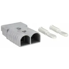 This plug-in connector is rated for 350A maximum current and accepts 2/0 ga cable. The gray housing provides a secure, tool-free connection for high-current electrical systems. Typical applications include power distribution and heavy machinery where quick-disconnect capability is required.