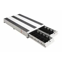 Aluminum van storage drawer with two shelves, 49-inch overall depth, and 24-inch overall width in white finish. Designed for organizing tools and parts in trucks or service vans, fitting standard van compartments for secure and accessible storage