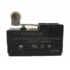 The OMRON DZ-10GV22-1A is a snap-action switch with a hinge roller lever actuator, featuring 3 normally open and 3 normally closed contacts. It has a solder electrical connection and an AC contact rating of 2 A at 480 V. This switch is used in industrial automation for position sensing, limit control, and safety interlocking on machinery and conveyors.