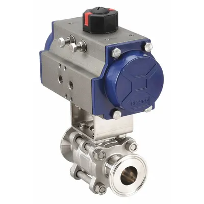 VNE Pneumatically Actuated Two-Way Ball Valve: 4 in, 316 Stainless Steel, Clamp x Clamp - 3-A Certified Stainless Steel Pneumatically-Actuated Ball Valves