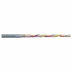 Continuous flexing data cable with 14 conductors of 26 AWG stranded copper, PUR jacket, and 300 V rating. Supports bending radii of 5 x OD, 8 x OD, and 10 x OD. Oil and grease resistant. Suitable for use in cable carriers in automated machinery and robotics.