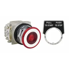 Mushroom-head push button from the 9001K series with a 30 mm profile. Maintained action and non-metallic construction. Suitable for industrial control panel applications requiring a large actuation surface.