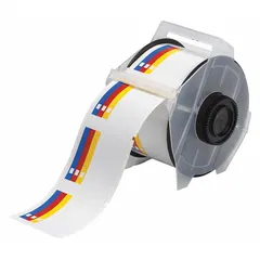 This precut label roll features a color bar and blank text area for custom legend printing. Made of vinyl with acrylic adhesive, each label measures 2 1/4 in x 2 1/4 in. Compatible with GlobalMark 2 printer series. Commonly used for industrial safety and identification labeling.