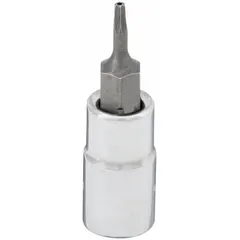 This Torx bit socket features a 1/4 in drive size and a T8 tip for driving Torx fasteners. With a 1-1/2 in overall length and fixed insert design, it is suited for assembly, maintenance, and repair tasks in confined spaces.