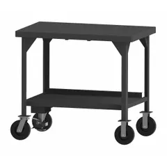 This steel-top mobile worktable measures 72 x 36 inches and has a fixed height. It features a powder-coated steel top and frame, phenolic casters with plate mounts for mobility, and includes two drawer mounting brackets. Fully assembled, it supports up to 5,600 lb overall load capacity, suitable for heavy-duty industrial assembly, maintenance, and repair tasks in workshops and manufacturing floors.