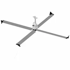Industrial HVLS ceiling fan from the G420 series with an 8 ft blade diameter. Operates on 230V AC three-phase power at 2.7 A and offers variable speed control. Designed for large commercial and warehouse spaces to improve air circulation and reduce temperature stratification. No light kit included.