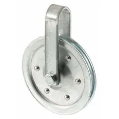 This steel surface-mount pulley has a 4 in overall length and a maximum load rating of 265 lb. It accommodates cable diameters up to 3/16 in. Used for guiding and tensioning cables in material handling and rigging applications.