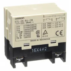 Bracket-mounted enclosed power relay with DPST-NO contact configuration, 24V AC coil, and 30 A current rating. Features screw terminal connections and a square base designed for E-bracket mounting (bracket sold separately). Suitable for switching high-current loads such as motors, heaters, and lighting in industrial control panels.