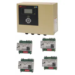 System controller for managing and monitoring air compressor operations in industrial pneumatic systems. Regulates pressure, sequencing, and diagnostics to maintain compressed air supply. Operates on 115V AC/225V AC input voltage.