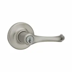 Office lever lockset in satin nickel-plated zinc finish. ADA-compliant lever with rose design and no message. Suitable for interior commercial doors in offices, meeting rooms, and light-traffic areas requiring push-button locking.