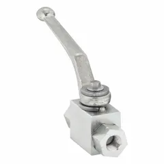 Two-position, two-way hydraulic ball valve with NPT connections. Features Nitrile ball and shaft seals. Handle length is 4.53 inches; valve is not lockable. Suitable for on/off flow control in hydraulic systems.