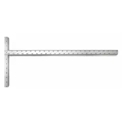 This drywall T-square features a 22-inch base and a 48-inch blade, with overall dimensions of 22 in x 1-1/2 in and 48 in x 2 in. Constructed from anodized aluminum with an anti-rust finish, it has a thickness of 1 mm and a printed inch scale. Used for marking and cutting drywall sheets, it provides straight, accurate lines for scoring and trimming in construction and renovation projects.