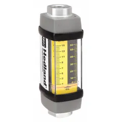 Variable area inline flowmeter with scale display for measuring oil flow rates. Features NPTF connections, Viton seals and O-rings, and universal mounting orientation. Accuracy of +/-2% in gallons. Suitable for monitoring flow in hydraulic and lubrication systems.
