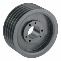 Cast-iron wedge V-belt pulley with bushed bore type F. Has 5 grooves, 14 in outer diameter, and 14 in pitch diameter for 8V belt section. Designed for use with 8V or 8VX belt sections. Suitable for power transmission in industrial machinery such as conveyors, pumps, and compressors