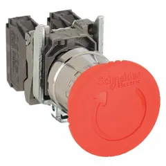 Non-illuminated mushroom-head push button with maintained action. Metallic construction with 22 mm mounting diameter. Suitable for industrial control panels and machinery safety circuits requiring a maintained emergency stop or control function.