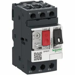 Non-reversing manual motor starter with integrated thermal overload protection for three-pole applications up to 23 A. Features push-button operation and a 45 mm frame width, rated for 690V AC. Suitable for controlling and protecting motors in industrial machinery such as conveyors, pumps, and fans.