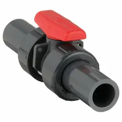 This manual two-way ball valve is made of PVC with a straight, socket x socket configuration and standard port ball port tee. It is used to start, stop, or redirect flow in PVC piping systems. Typical applications include industrial fluid handling, water treatment, and chemical processing where corrosion resistance and reliable shutoff are required.