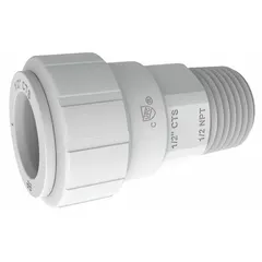 This polysulfone push-to-connect fitting connects 1 in OD plastic tubing to a 3/4 in male NPT threaded port. It is used in fluid handling and pneumatic systems for low-pressure applications requiring a corrosion-resistant joint.